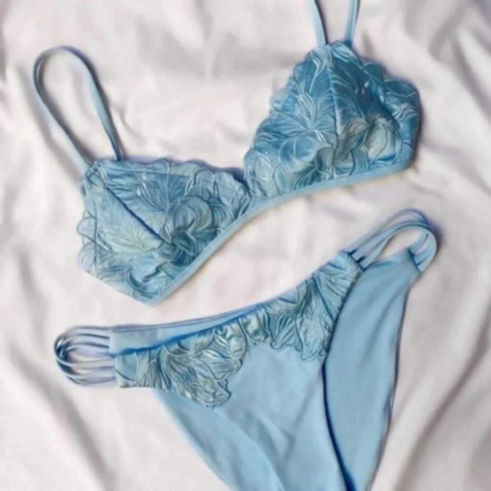 L*Space Jean Top Claude Bottoms Bikini Blue Full Set Satin